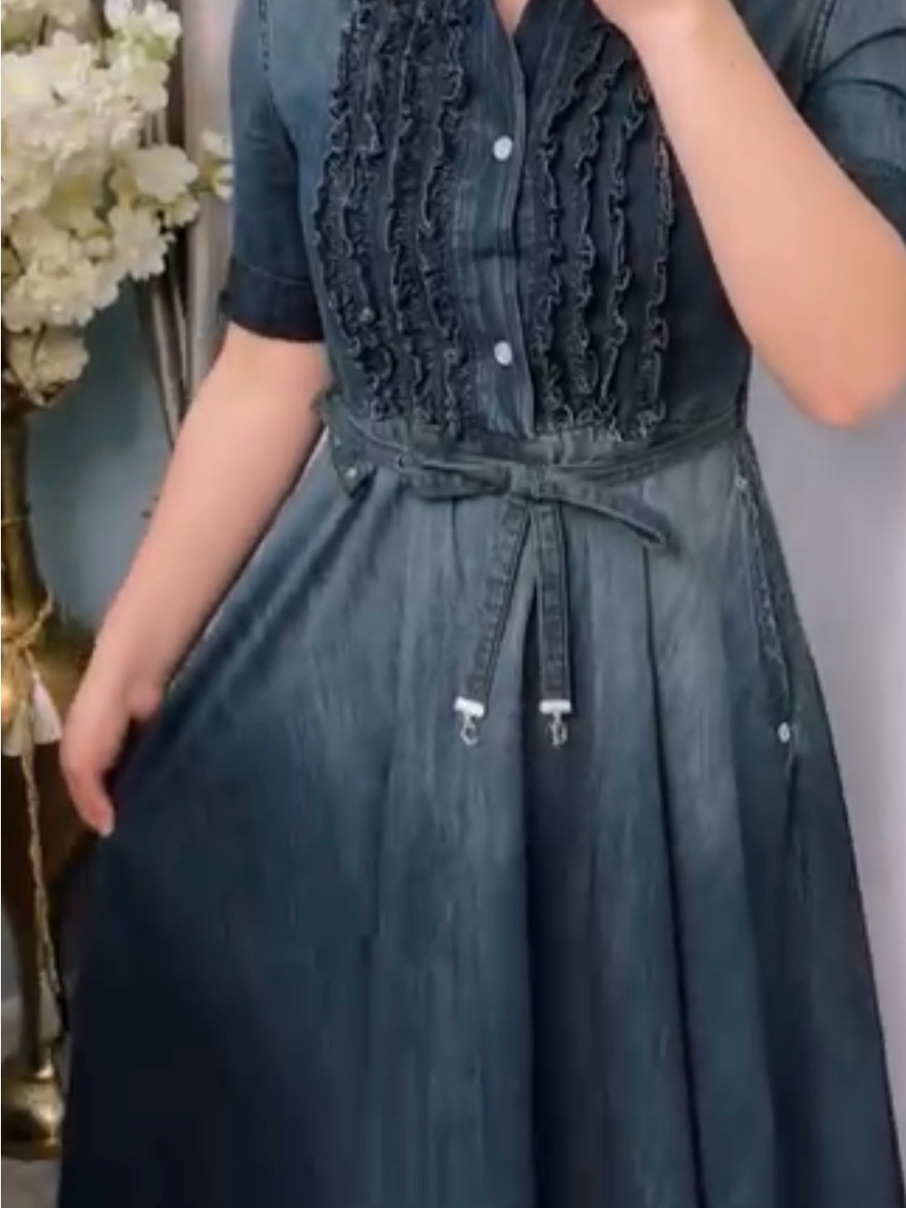 Women's Dark Blue Denim Casual Dress with Ruffle Front and Tie Waist